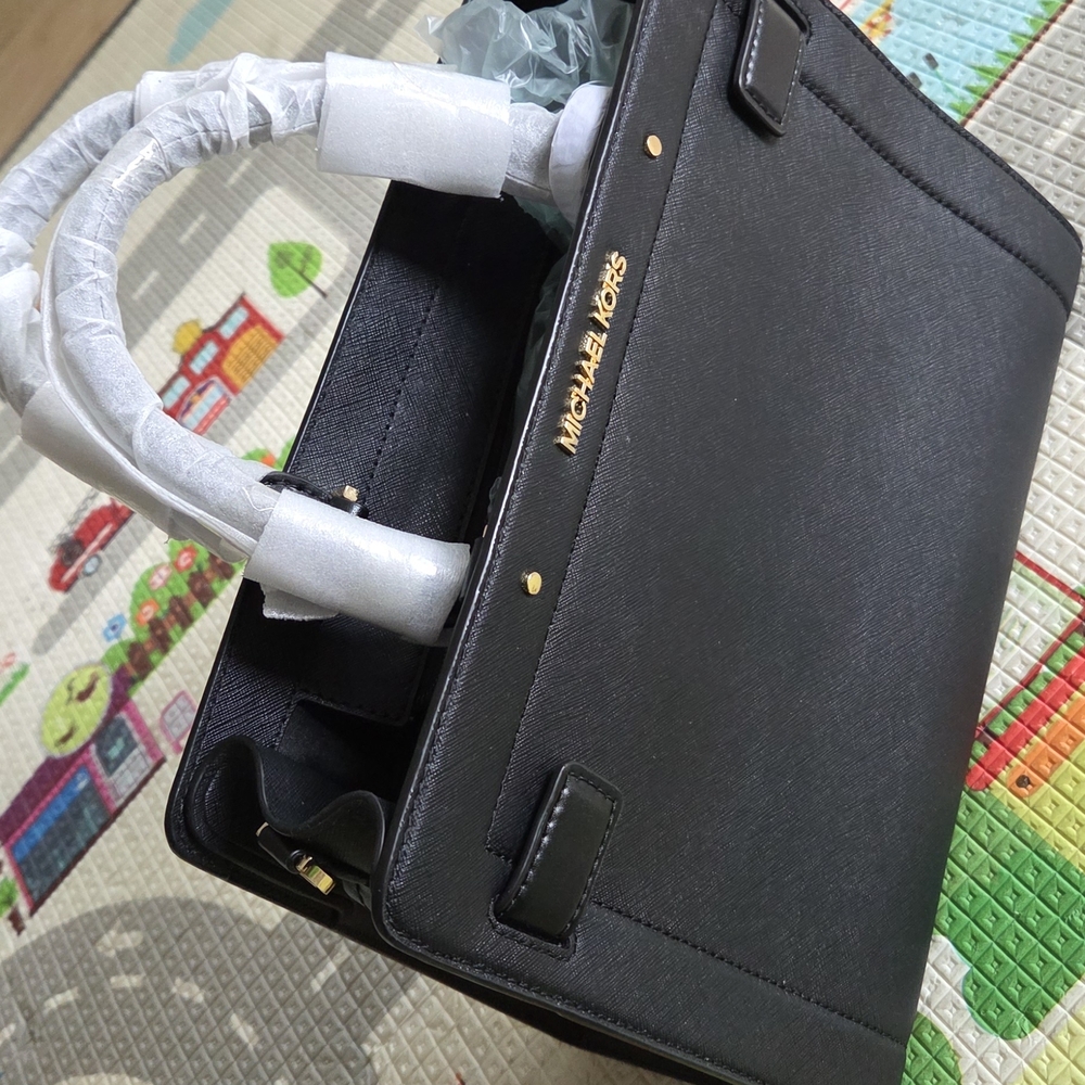 Michael Kors Black Leather Saffiano Handbag(Satchel Bag) with Gold Hardware